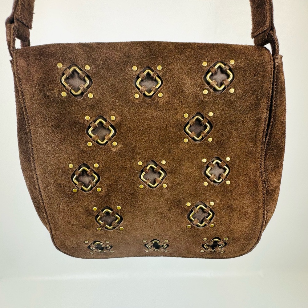 Chocolate brown flap shoulder bag w brass accents - roomy 9x9x4